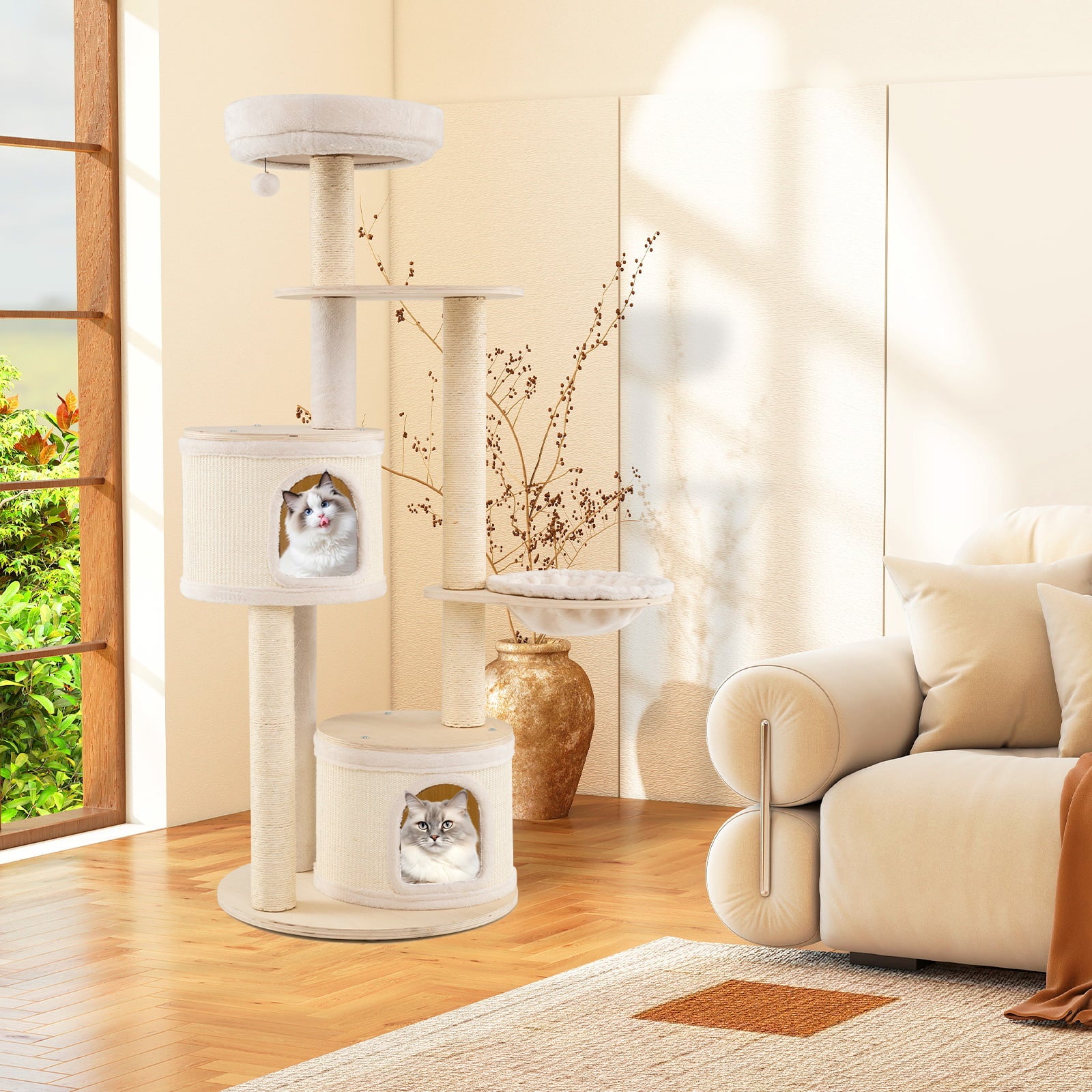 6-level Wooden cat tree with cat condo and sisal scratching posts  for indoor-Natural