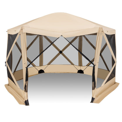 6-Sided Camping Gazebo Instant Setup Hub Tent with Portable Carrying Bag-Coffe