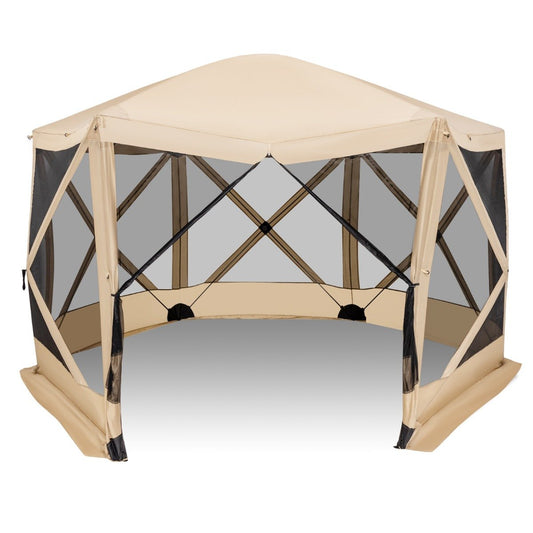 6-Sided Camping Gazebo Instant Setup Hub Tent with Portable Carrying Bag-Coffe