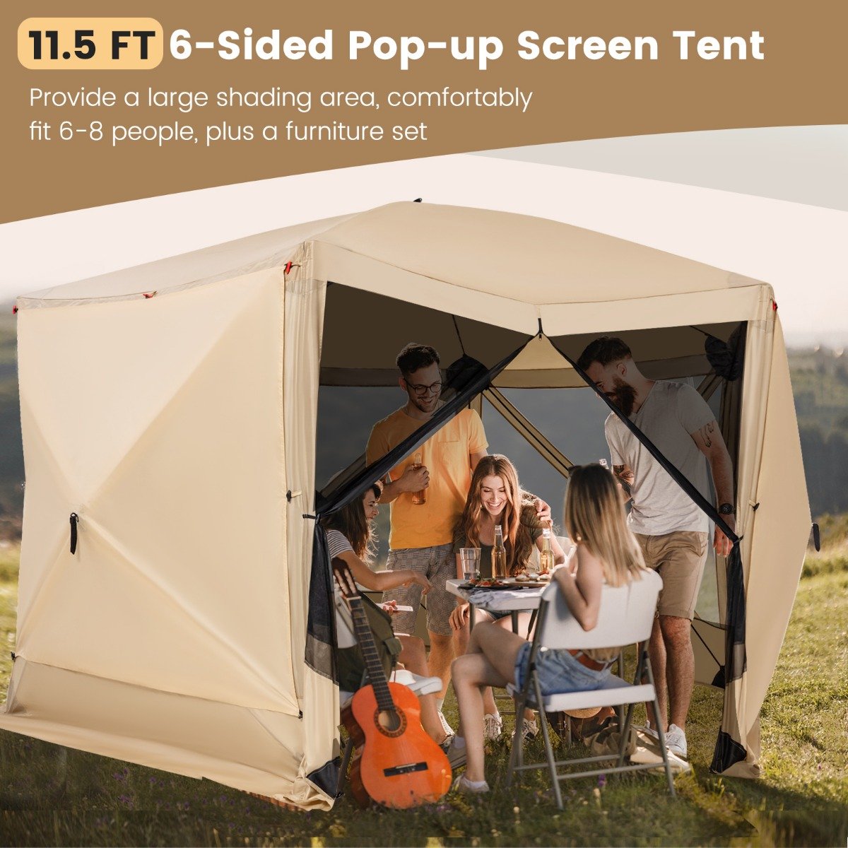 6-Sided Camping Gazebo Instant Setup Hub Tent with Portable Carrying Bag-Coffe