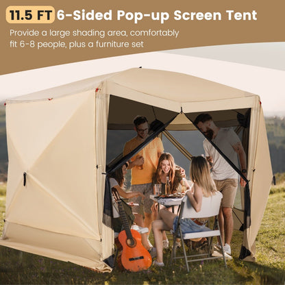 6-Sided Camping Gazebo Instant Setup Hub Tent with Portable Carrying Bag-Coffe