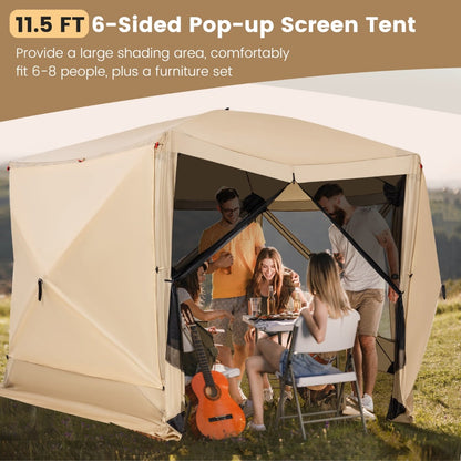 6-Sided Camping Gazebo Instant Setup Hub Tent with Portable Carrying Bag-Coffe