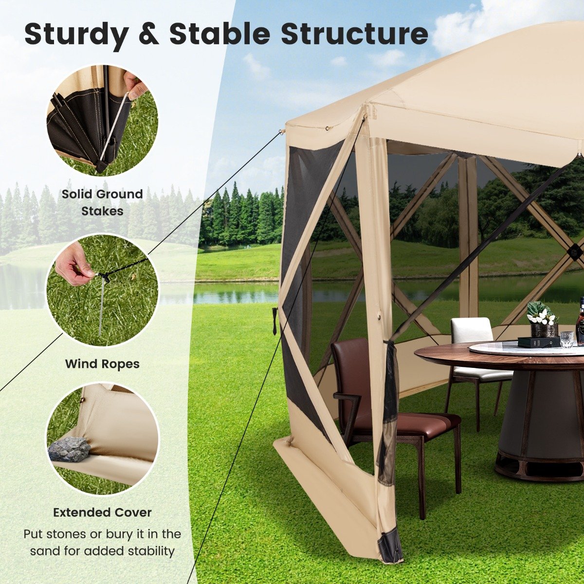 6-Sided Camping Gazebo Instant Setup Hub Tent with Portable Carrying Bag-Coffe
