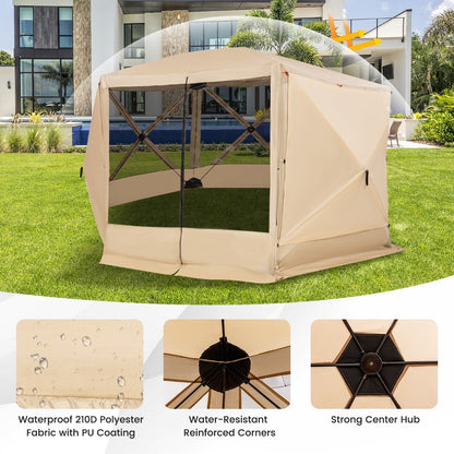 6-Sided Camping Gazebo Instant Setup Hub Tent with Portable Carrying Bag-Coffe