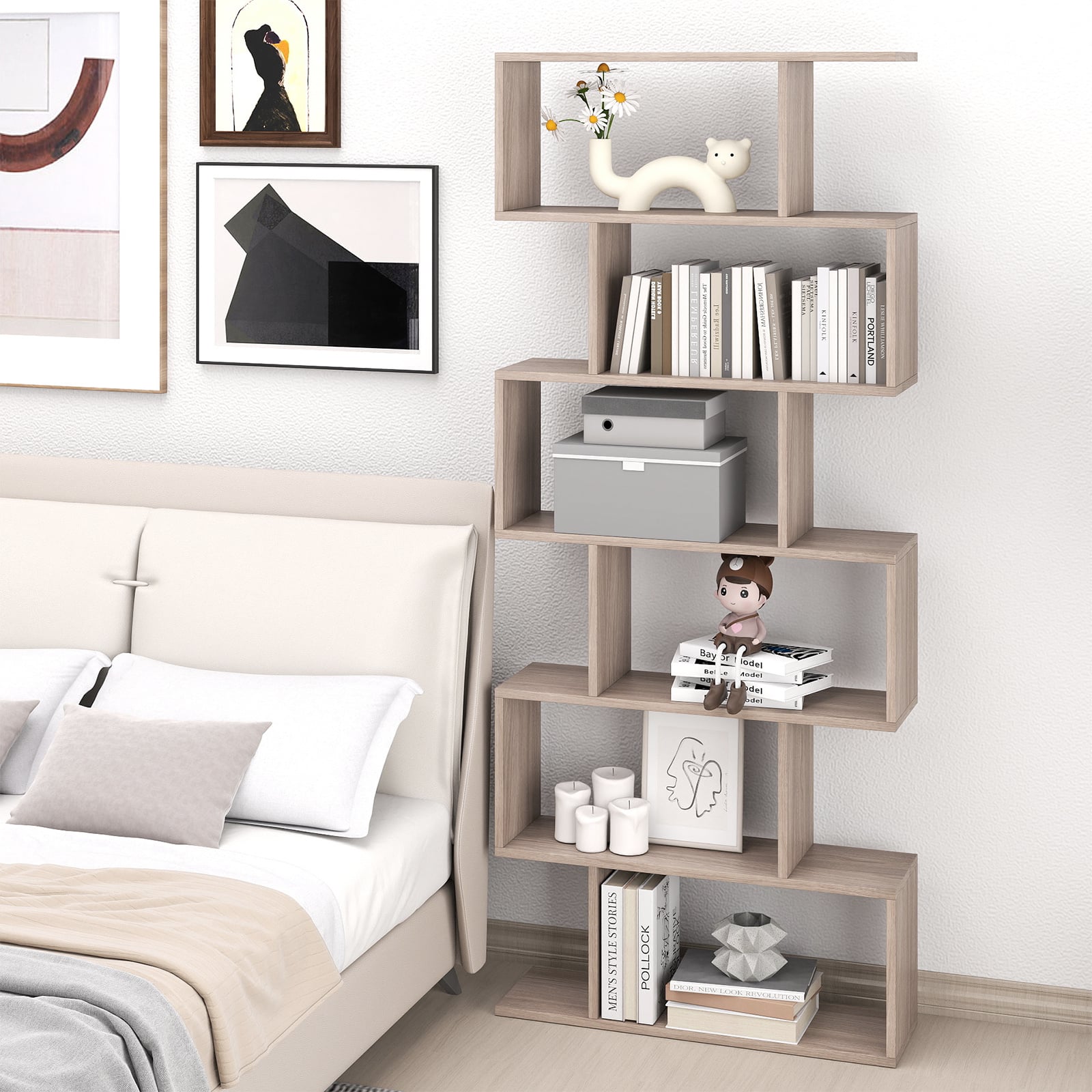 6-tier S-shaped Wooden Industrial Bookshelf-Grey