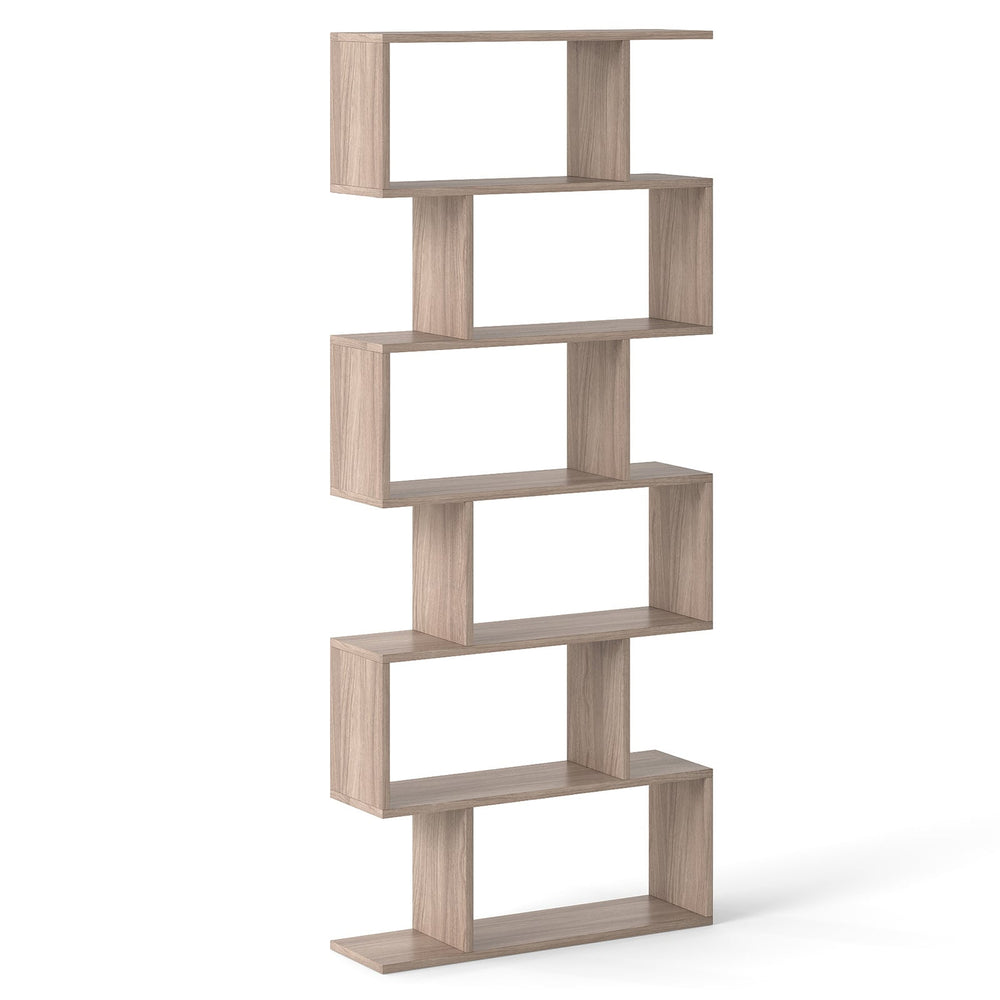 6-tier S-shaped Wooden Industrial Bookshelf-Grey