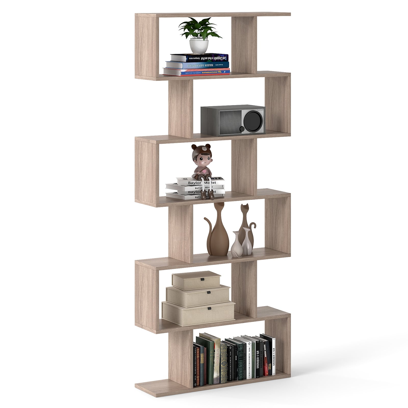 6-tier S-shaped Wooden Industrial Bookshelf-Grey
