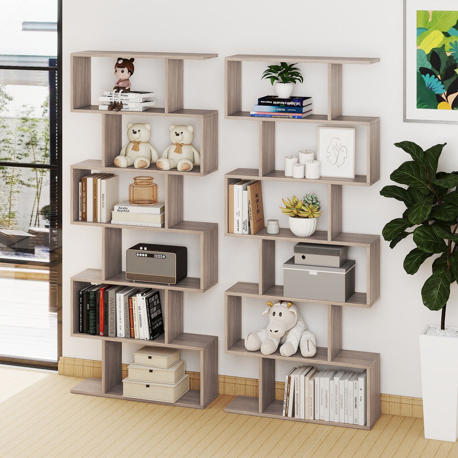 6-tier S-shaped Wooden Industrial Bookshelf-Grey