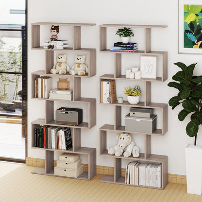 6-tier S-shaped Wooden Industrial Bookshelf-Grey