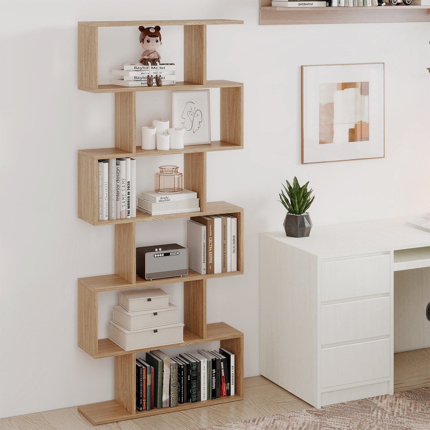 6-tier S-shaped Wooden Industrial Bookshelf-Natural