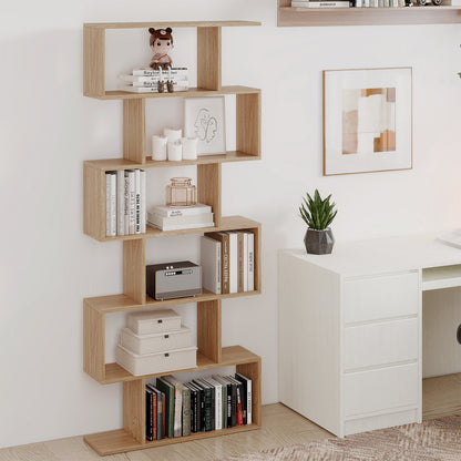 6-tier S-shaped Wooden Industrial Bookshelf-Natural