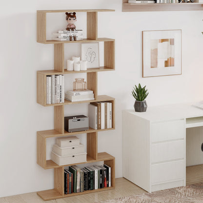 6-tier S-shaped Wooden Industrial Bookshelf-Natural