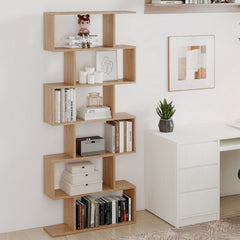 6-tier S-shaped Wooden Industrial Bookshelf-Natural