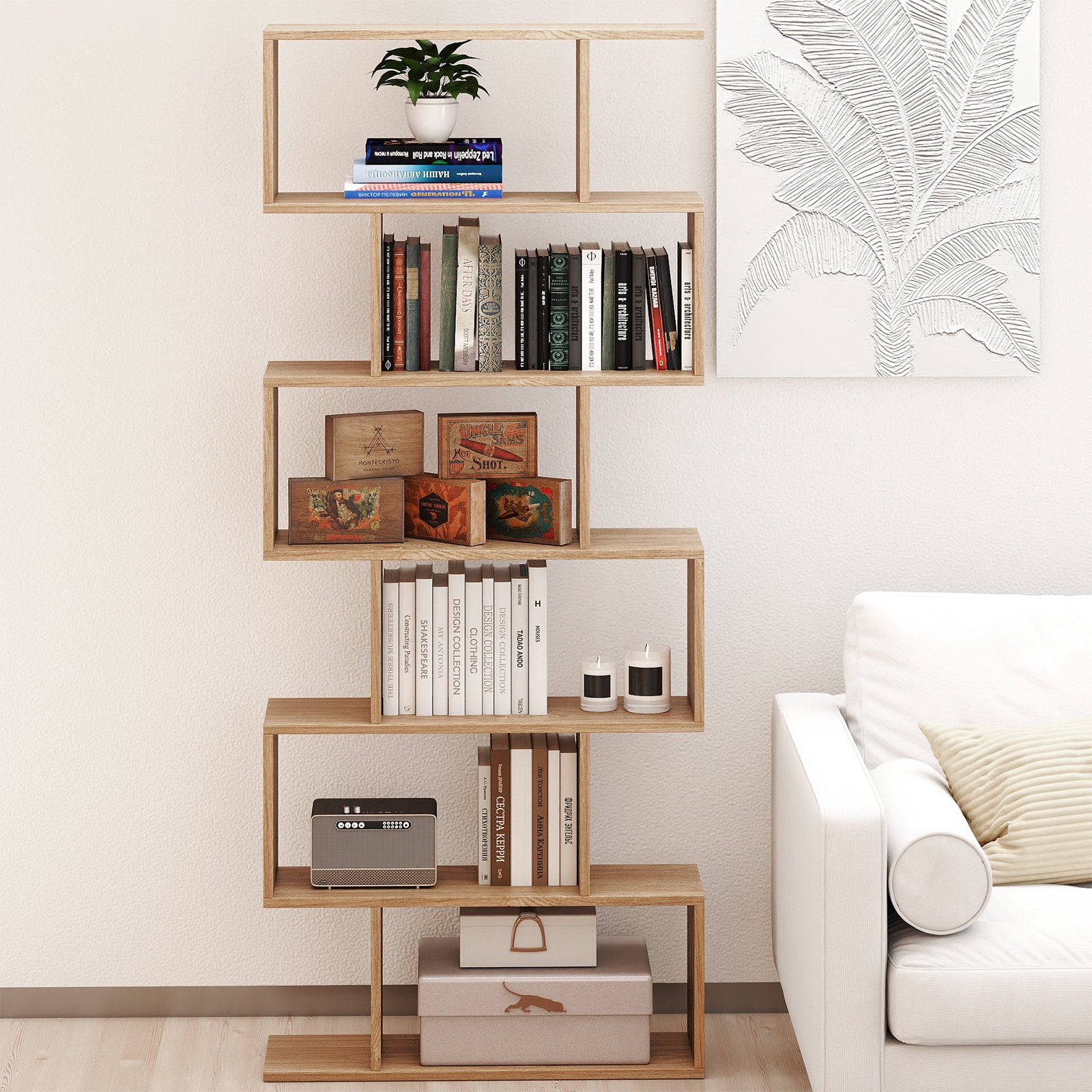 6-tier S-shaped Wooden Industrial Bookshelf-Natural