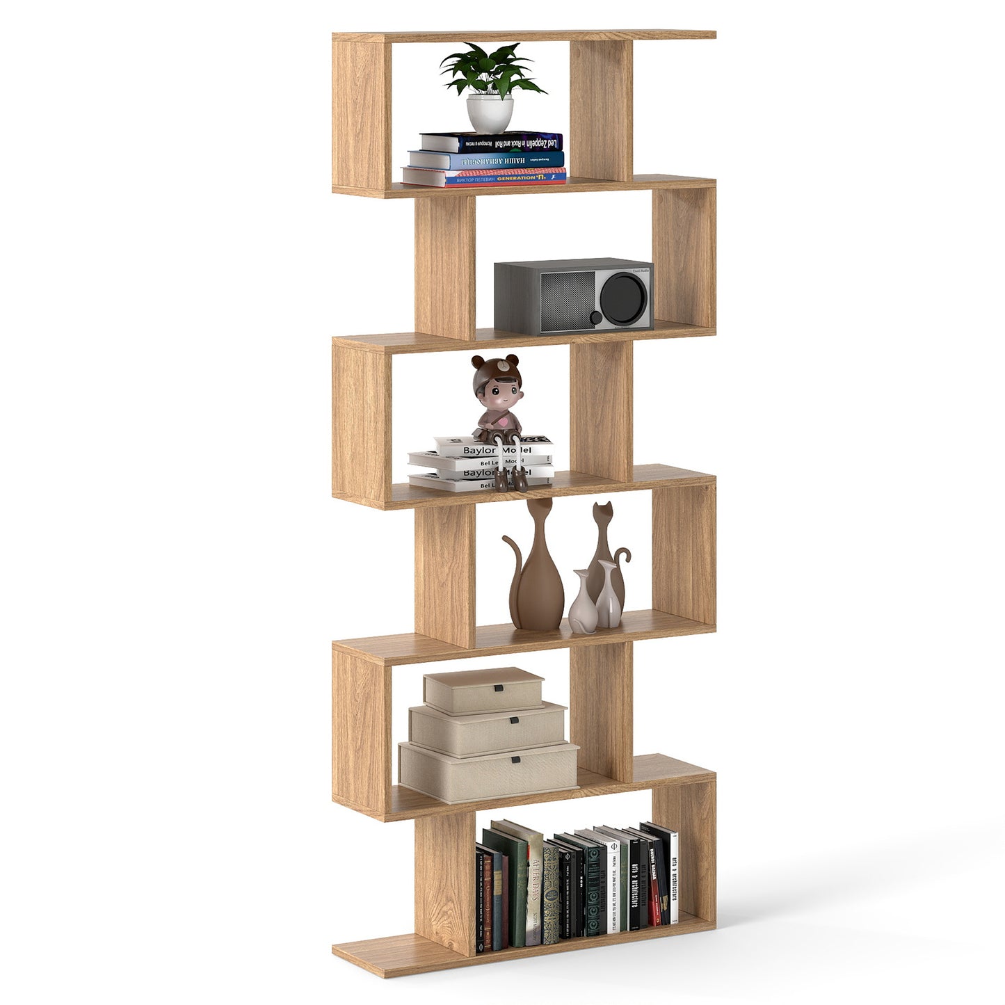 6-tier S-shaped Wooden Industrial Bookshelf-Natural