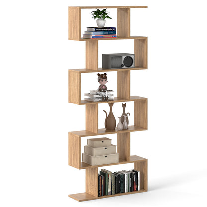 6-tier S-shaped Wooden Industrial Bookshelf-Natural