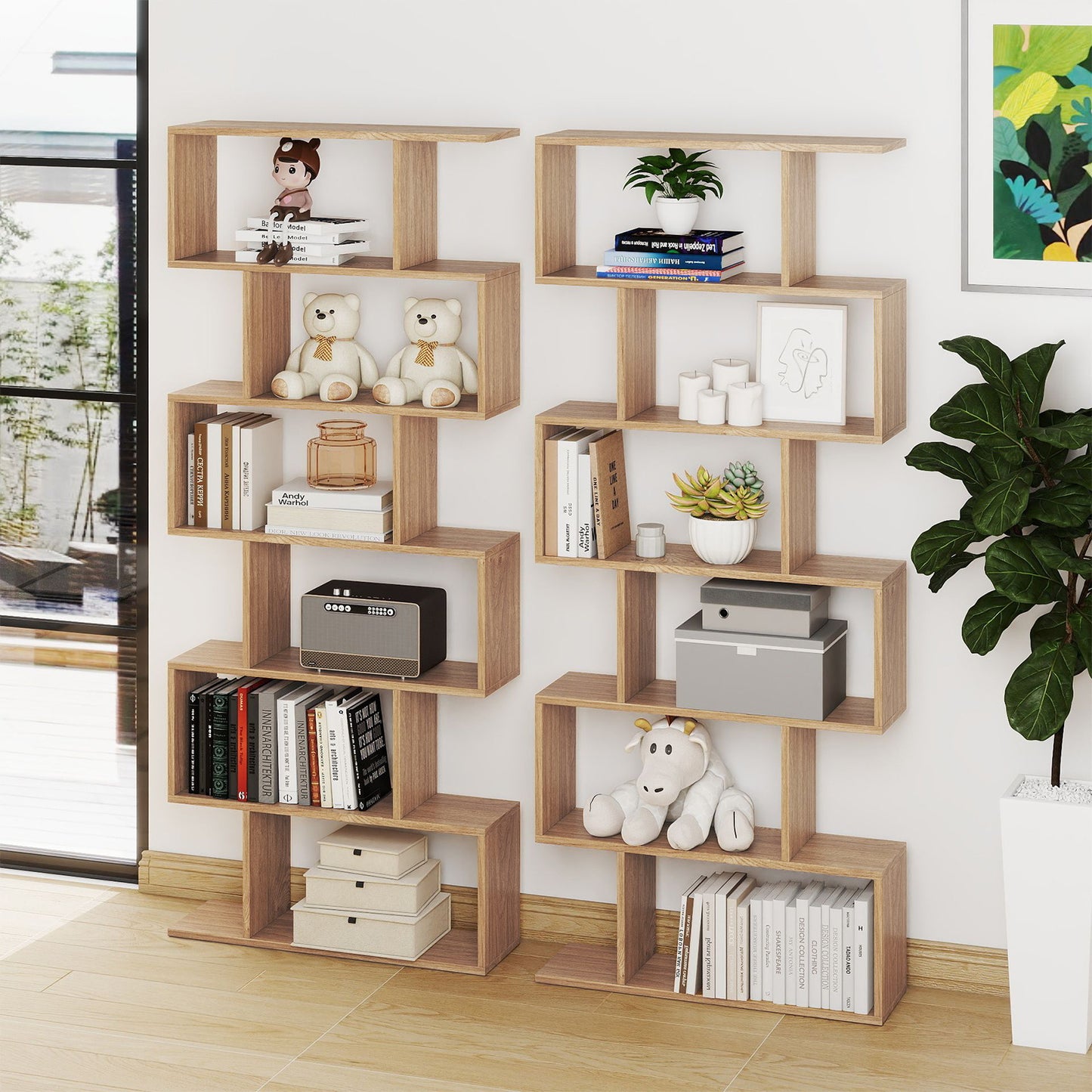 6-tier S-shaped Wooden Industrial Bookshelf-Natural