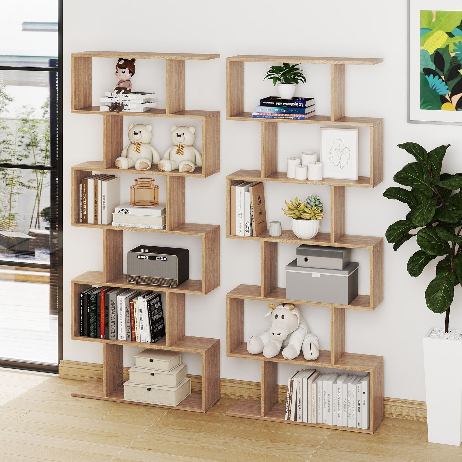 6-tier S-shaped Wooden Industrial Bookshelf-Natural