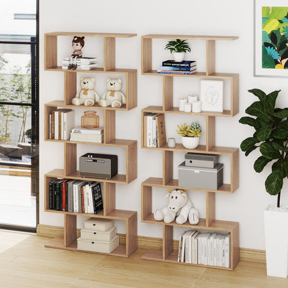 6-tier S-shaped Wooden Industrial Bookshelf-Natural