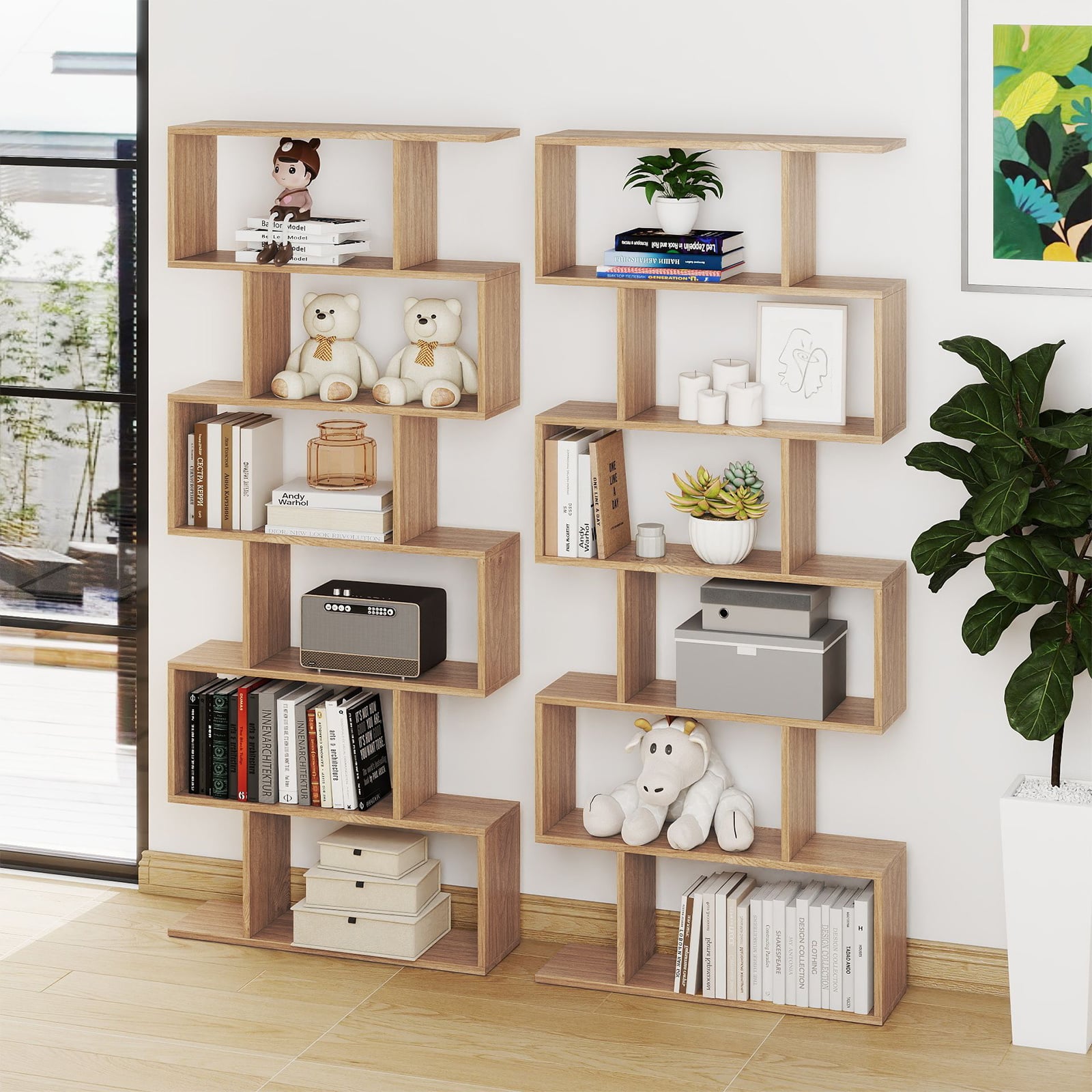 6-tier S-shaped Wooden Industrial Bookshelf-Natural