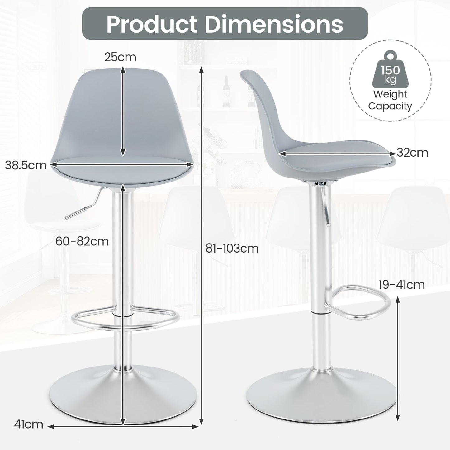 60-82 cm Seat Height Bar Stools Set of 2 with Backrests-Grey