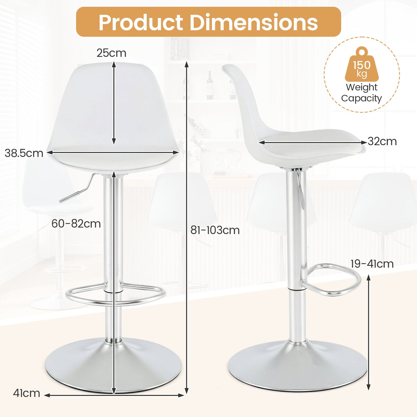 60-82 cm Seat Height Bar Stools Set of 2 with Backrests-White
