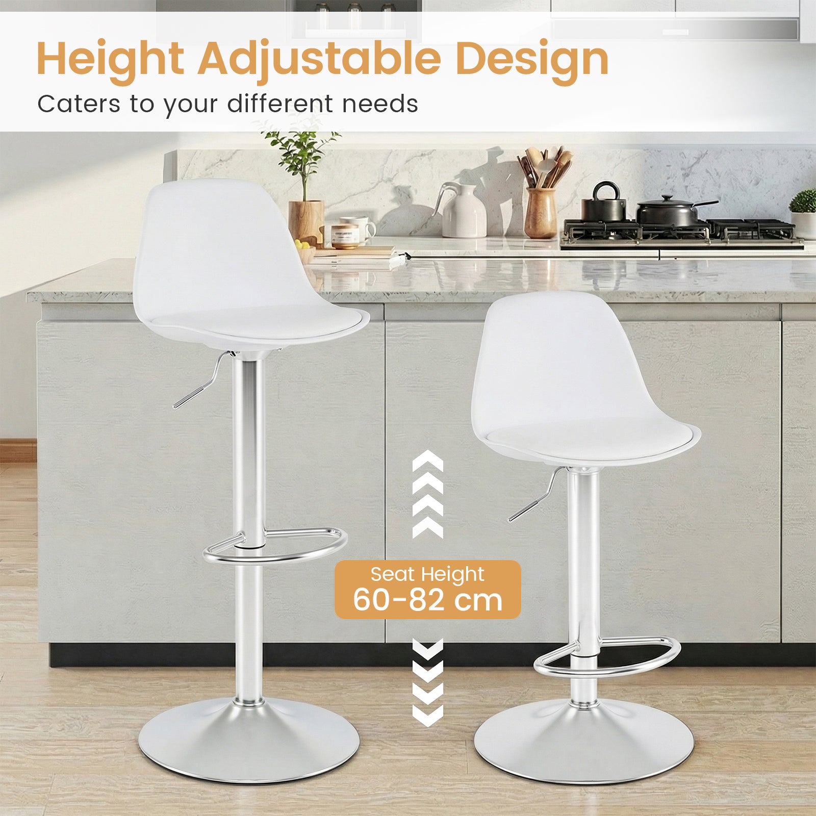 60-82 cm Seat Height Bar Stools Set of 2 with Backrests-White