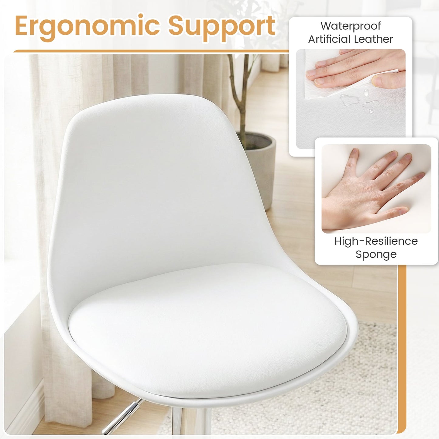 60-82 cm Seat Height Bar Stools Set of 2 with Backrests-White