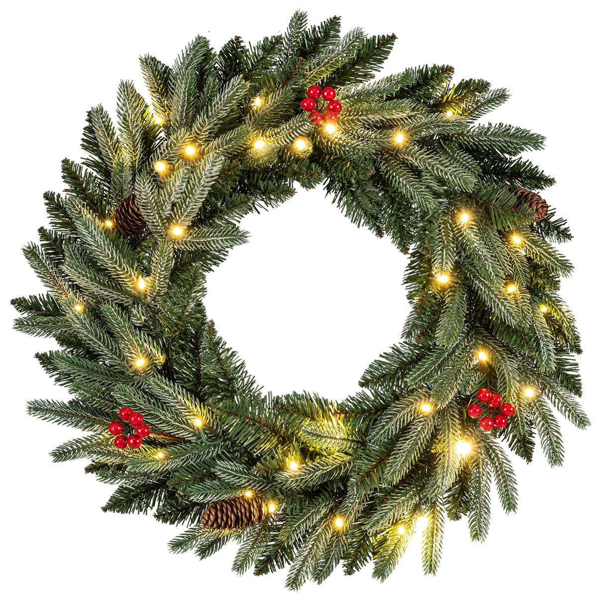 60 CM Artificial Pre-Lit Christmas Wreath with 90 Branch Tips and 20 Warm White LED Lights