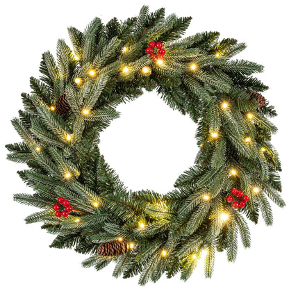 60 CM Artificial Pre-Lit Christmas Wreath with 90 Branch Tips and 20 Warm White LED Lights
