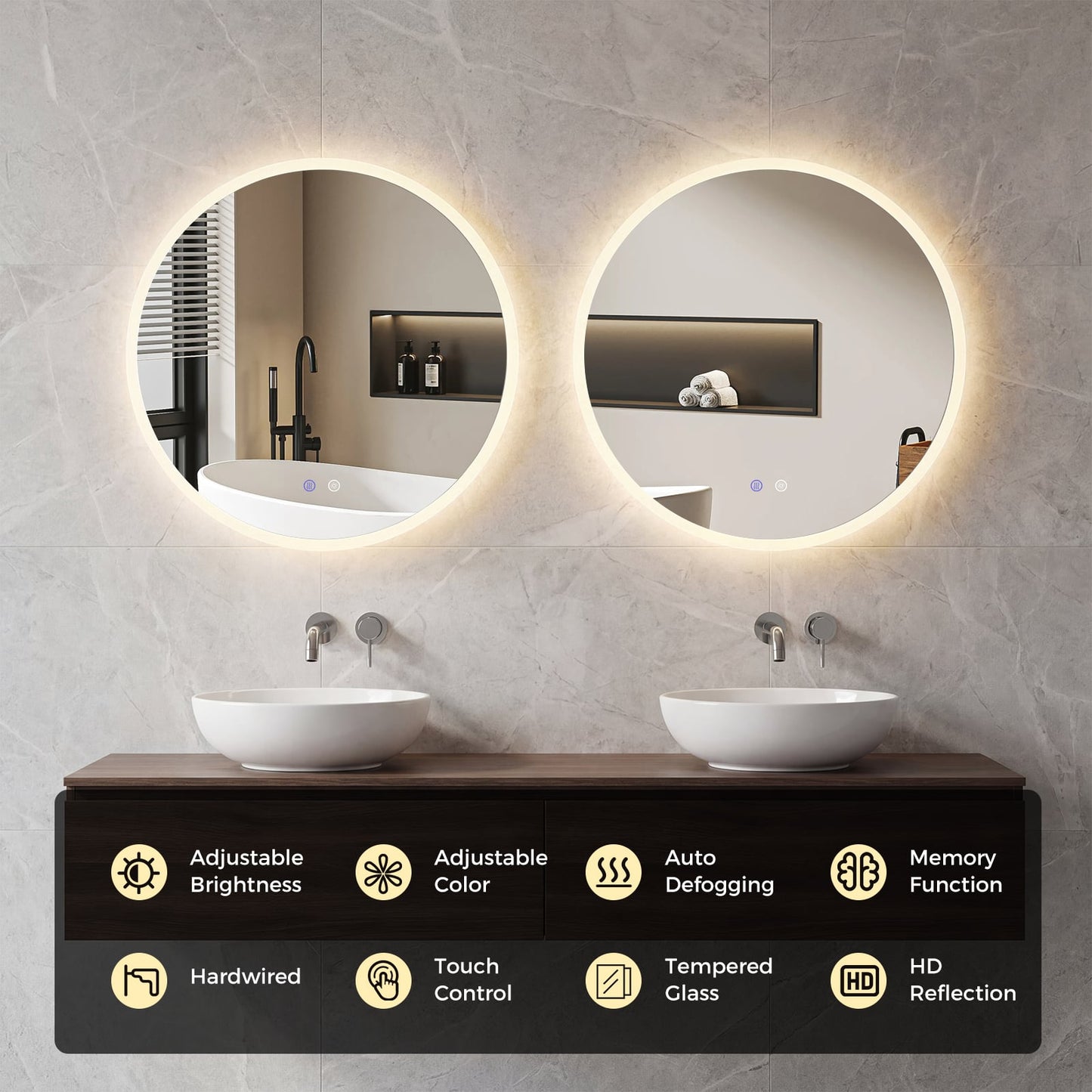 60 CM Round LED Bathroom Mirror Wall-mounted Backlit Vanity Makeup Mirror with 3 Light Colors