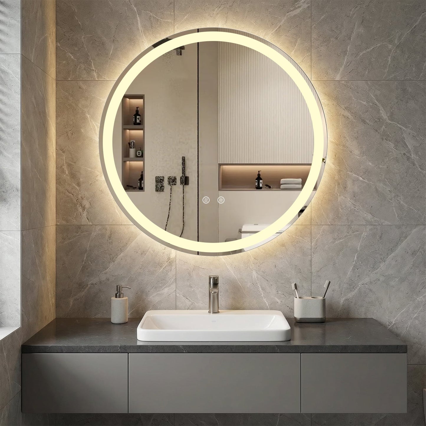 60 CM Round Wall Mounted LED Lighted Mirror with Adjustable Brightness