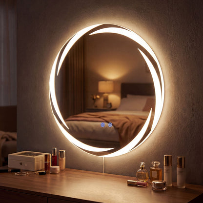 60 cm Round LED Bathroom Mirror Explosion-proof Tempered Glass Wall Mirror with 3-Color Lights
