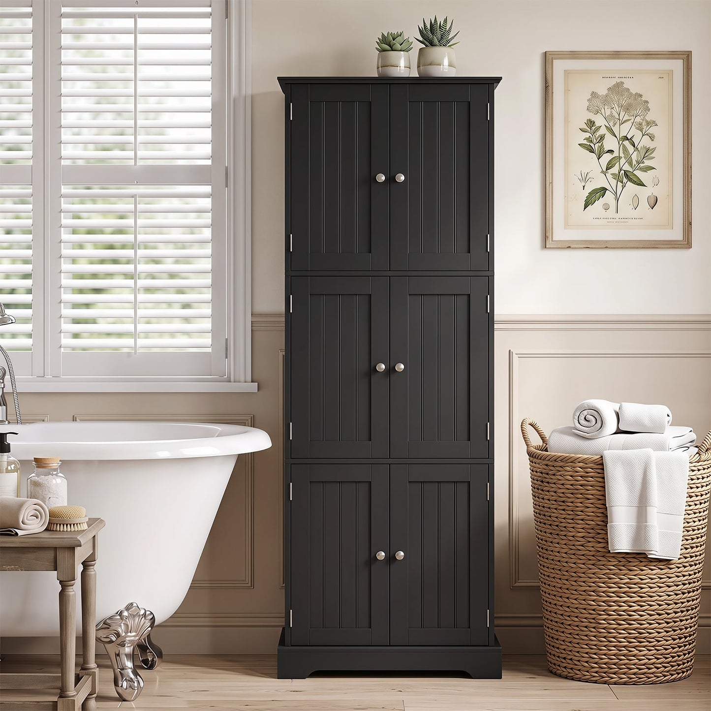 60 x 30 x 160 CM Tall Bathroom Storage Cabinet with 6 Doors-Black