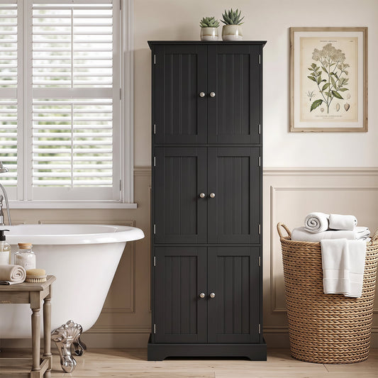 60 x 30 x 160 CM Tall Bathroom Storage Cabinet with 6 Doors-Black