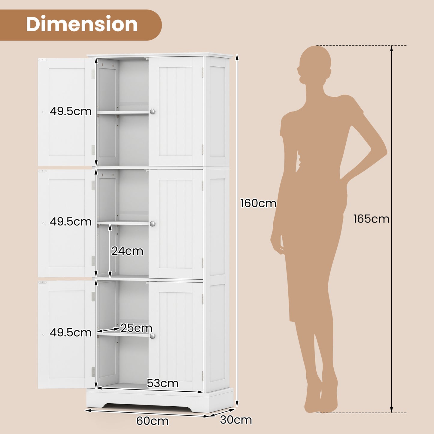 60 x 30 x 160 CM Tall Bathroom Storage Cabinet with 6 Doors-White
