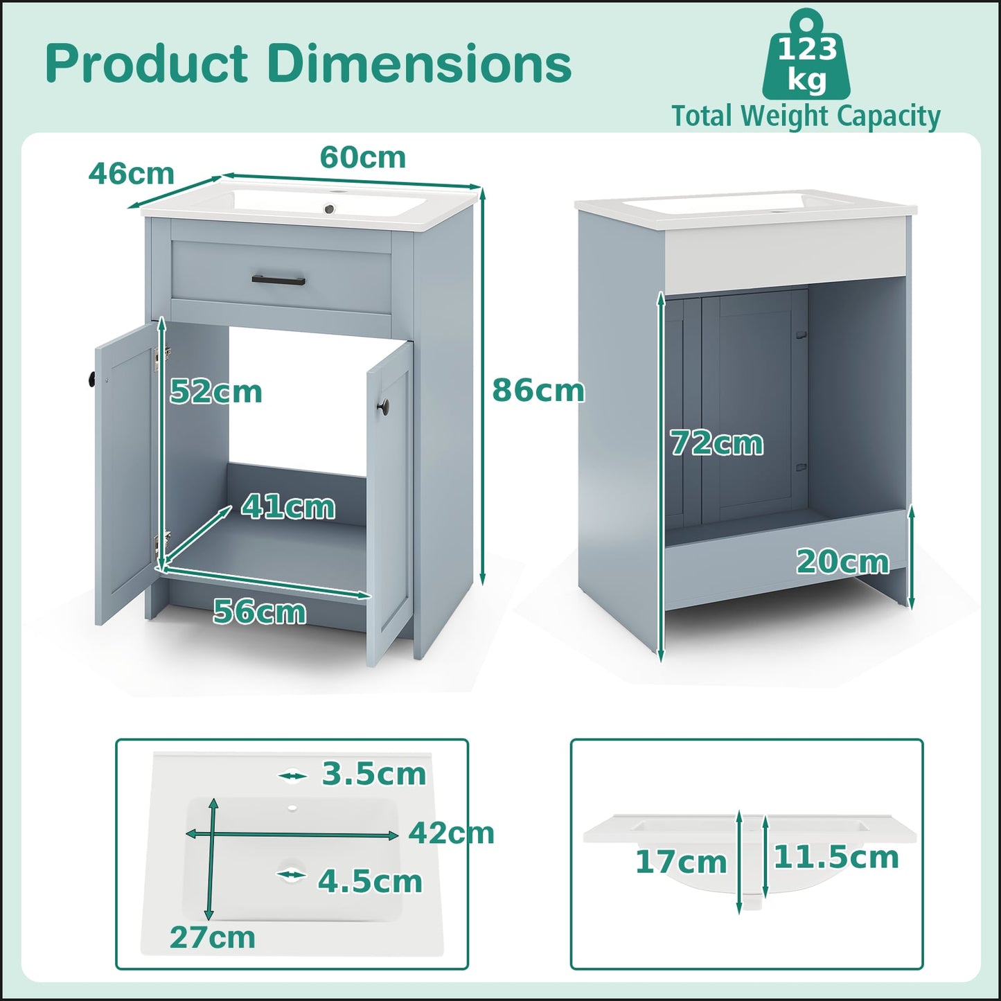 600mm Bathroom Vanity with Sink Bathroom Floor Vanity Cabinet-Grey