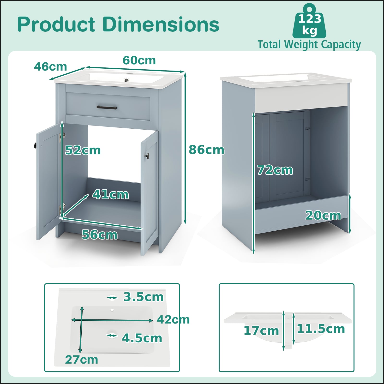 600mm Bathroom Vanity with Sink Bathroom Floor Vanity Cabinet-Grey
