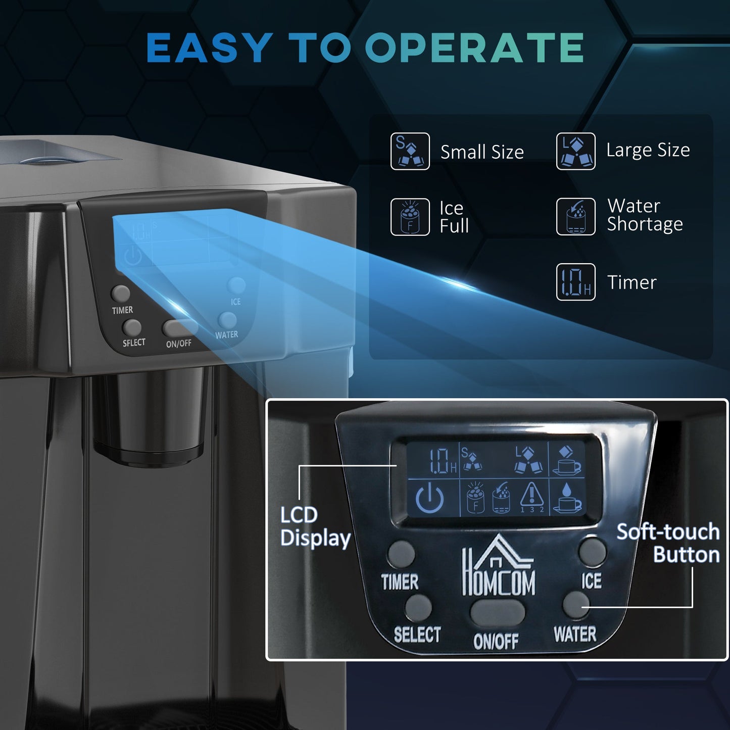 HOMCOM 3L Ice Maker Machine and Water Dispenser, 12kg in 24H, 2 Sizes 9 Ice Cubes Ready in 6-10 Mins Ice Machine, Black