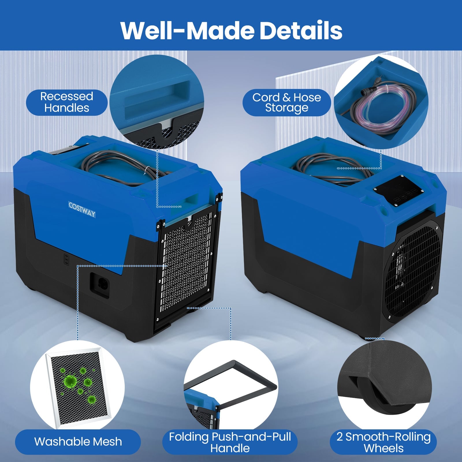 60L/Day Commercial Dehumidifier with Pump Portable Industrial Dehumidifier-Blue