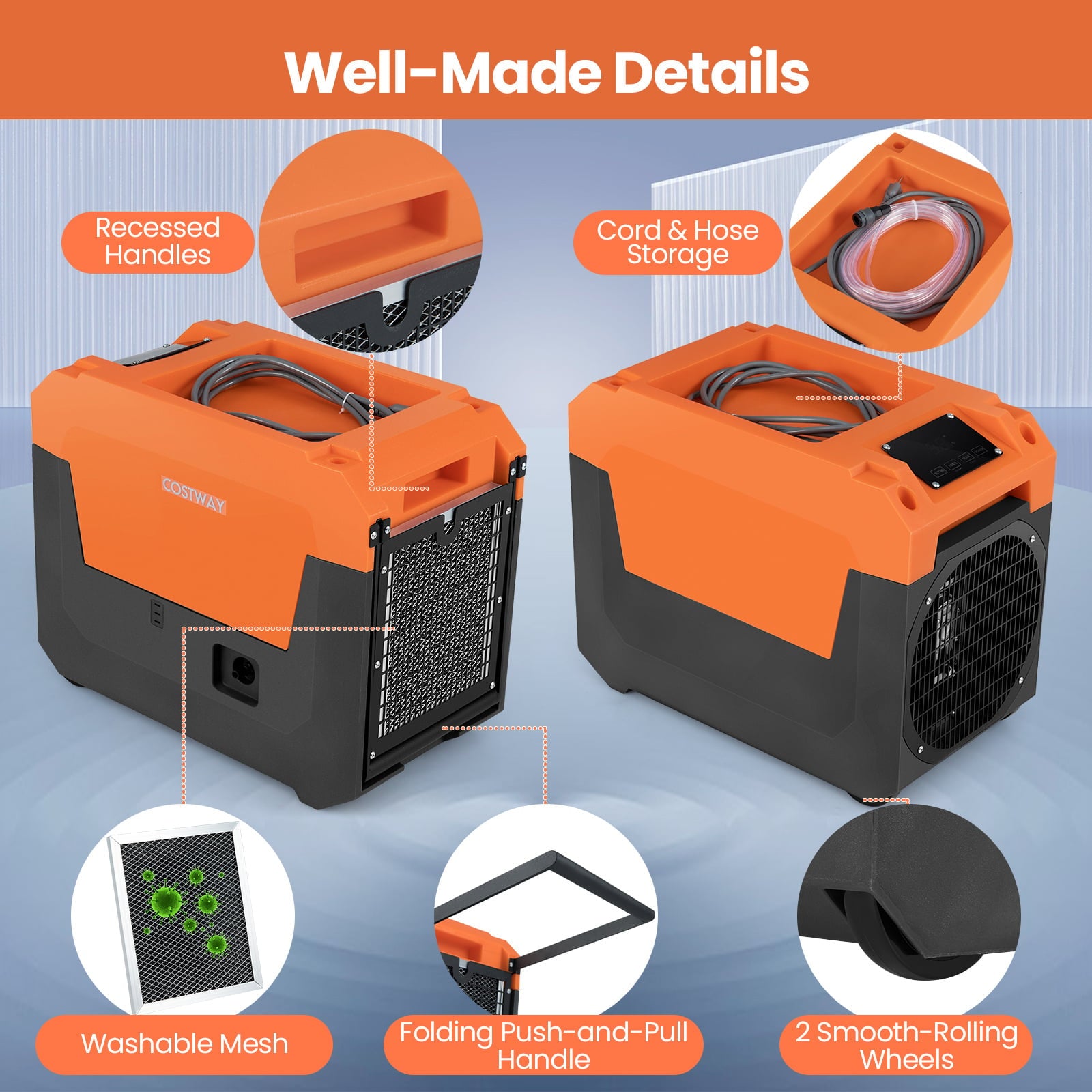 60L/Day Commercial Dehumidifier with Pump Portable Industrial Dehumidifier-Orange