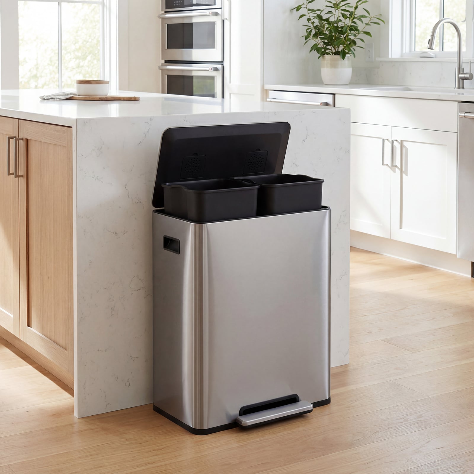 60L Trash Can Stainless Steel Garbage Can with 2 Removable Inner Buckets-Silver