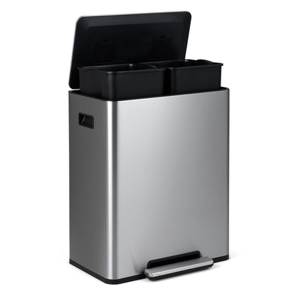 60L Trash Can Stainless Steel Garbage Can with 2 Removable Inner Buckets-Silver