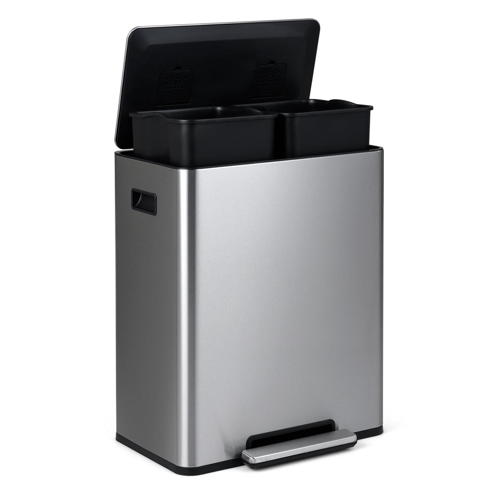 60L Trash Can Stainless Steel Garbage Can with 2 Removable Inner Buckets-Silver