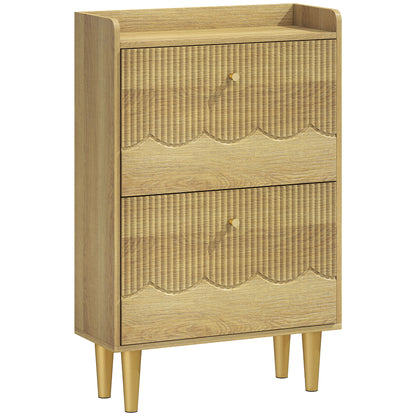 HOMCOM Narrow Shoe Cabinet, Modern Shoe Storage Cabinet with 2 Flip Drawers, Oak