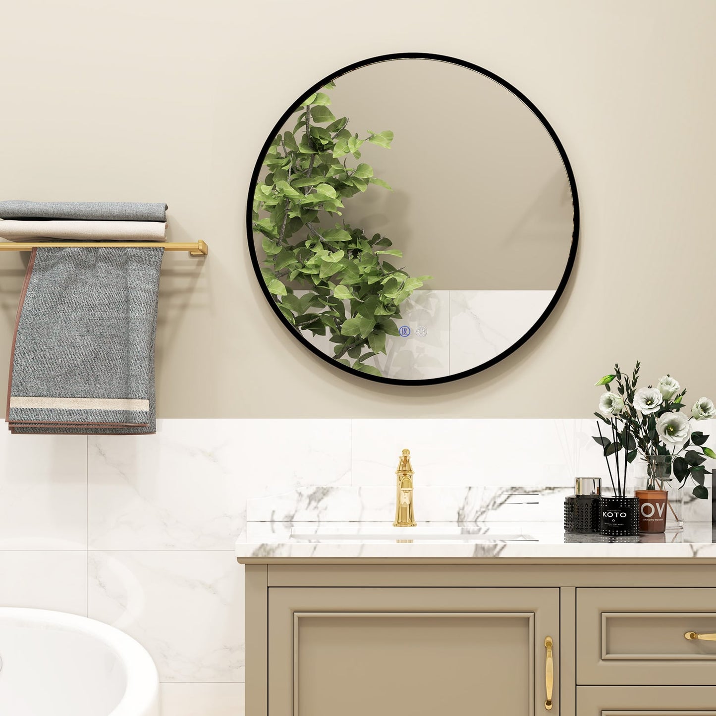 60 CM Round Bathroom Mirror with LED Lights and Anti-Fog Design-Black