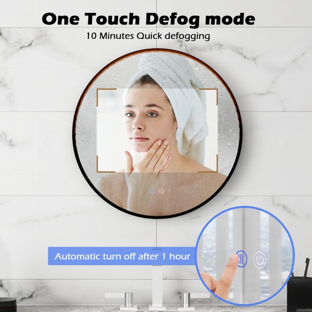 60 CM Round Bathroom Mirror with LED Lights and Anti-Fog Design-Black