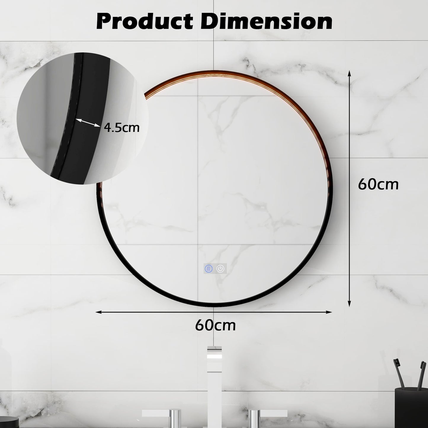 60 CM Round Bathroom Mirror with LED Lights and Anti-Fog Design-Black
