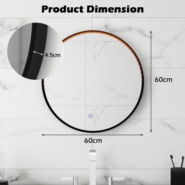 60 CM Round Bathroom Mirror with LED Lights and Anti-Fog Design-Black