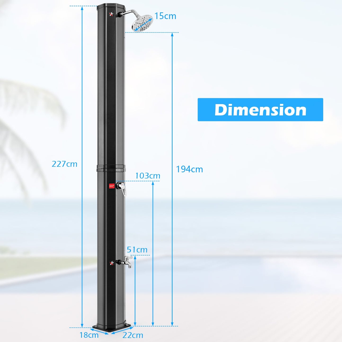 60L Solar Heated Outdoor Shower with Shower Head and Foot Shower Tap-Black